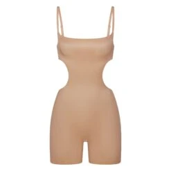 BARELY THERE CUT OUT MID THIGH BODYSUIT | CLAY
