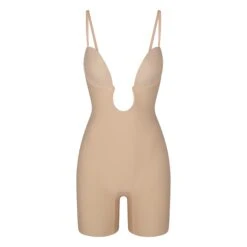DEEP PLUNGE SHAPEWEAR MID THIGH BODYSUIT | CLAY -SWIMwear Sale Store SKIMS SHAPEWEAR BD MDT 2960 CLY STRAPS