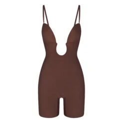 DEEP PLUNGE SHAPEWEAR MID THIGH BODYSUIT | COCOA -SWIMwear Sale Store SKIMS SHAPEWEAR BD MDT 2960 COA STRAPS