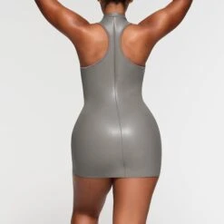 RUBBERIZED SCUBA SWIM MOCK NECK DRESS | GREY CHALK -SWIMwear Sale Store SKIMS SWIM CU DRS 3165 NA GCK 023