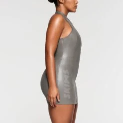 RUBBERIZED SCUBA SWIM MOCK NECK DRESS | GREY CHALK -SWIMwear Sale Store SKIMS SWIM CU DRS 3165 NA GCK 032