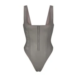 RUBBERIZED SCUBA SWIM SCOOP NECK ONE PIECE | GREY CHALK