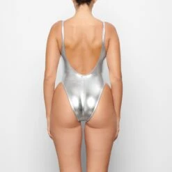 METALLIC SWIM HIGH CUT ONE PIECE | NICKEL -SWIMwear Sale Store SKIMS SWIM SW HICO 0035 QD NIC 0009 BK