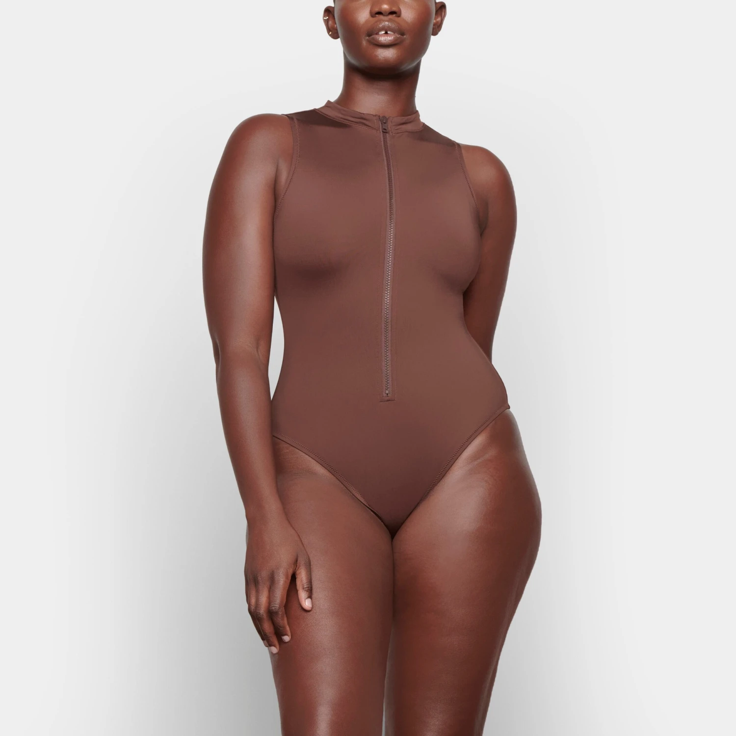 SWIM ZIP FRONT SLEEVELESS ONE PIECE | COCOA 4 SWIM ZIP FRONT SLEEVELESS ONE PIECE | COCOA - Image 2