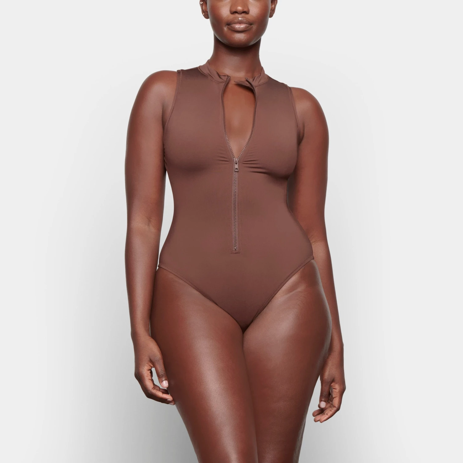 SWIM ZIP FRONT SLEEVELESS ONE PIECE | COCOA 7 SWIM ZIP FRONT SLEEVELESS ONE PIECE | COCOA - Image 5