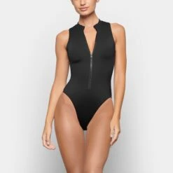 SWIM ZIP FRONT SLEEVELESS ONE PIECE | ONYX -SWIMwear Sale Store SKIMS SWIM SW SLO 0149 TC ONX 0029 FR