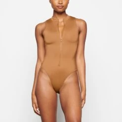 SWIM ZIP FRONT SLEEVELESS ONE PIECE | ALMOND -SWIMwear Sale Store SKIMS SWIM SW SLO 0149 TD ALM 0024 FR